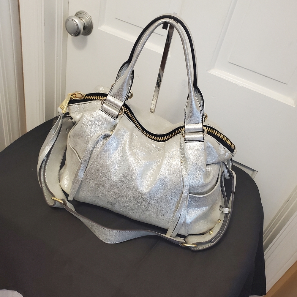 Aimee Kestenberg Silver Metallic Satchel/Shoulder Bag